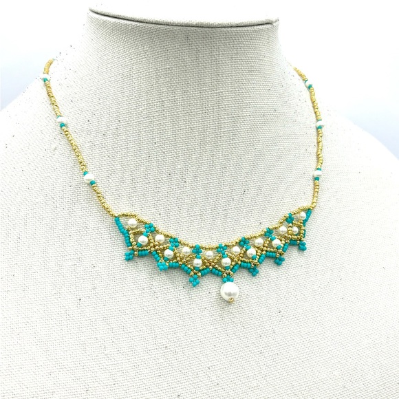 Hand Crafted Jewelry - HAND CRAFTED Beaded Lace Necklace with Turquoise and Pearl